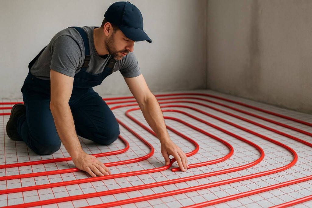 Mężczyzna układający rury PEX na podłodze - instalacja ogrzewania podłogowego.