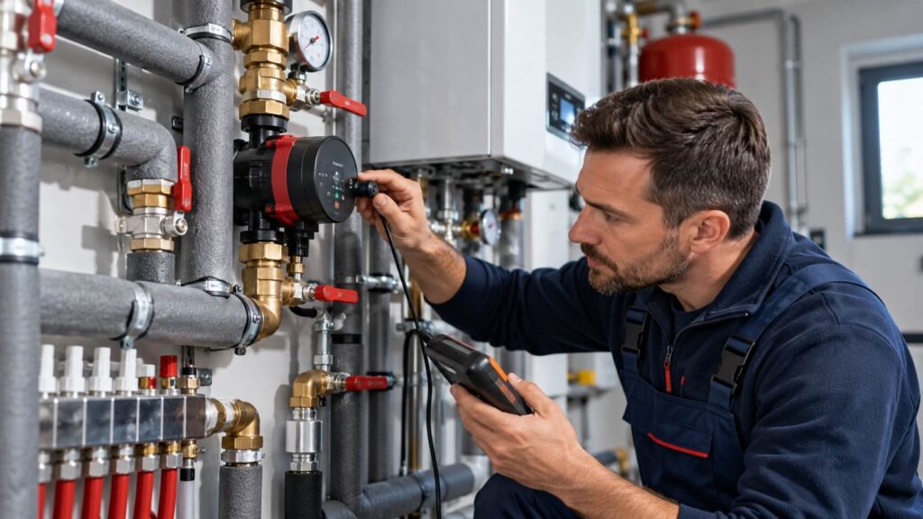 Instalator instalacji c.o. podczas wykonywania serwisu.